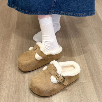 Ženske papuče u Birkenstock stilu sa debelim potplatom, velur gornji dio, kožna unutrašnjost, gumova potplat, protuklizne
