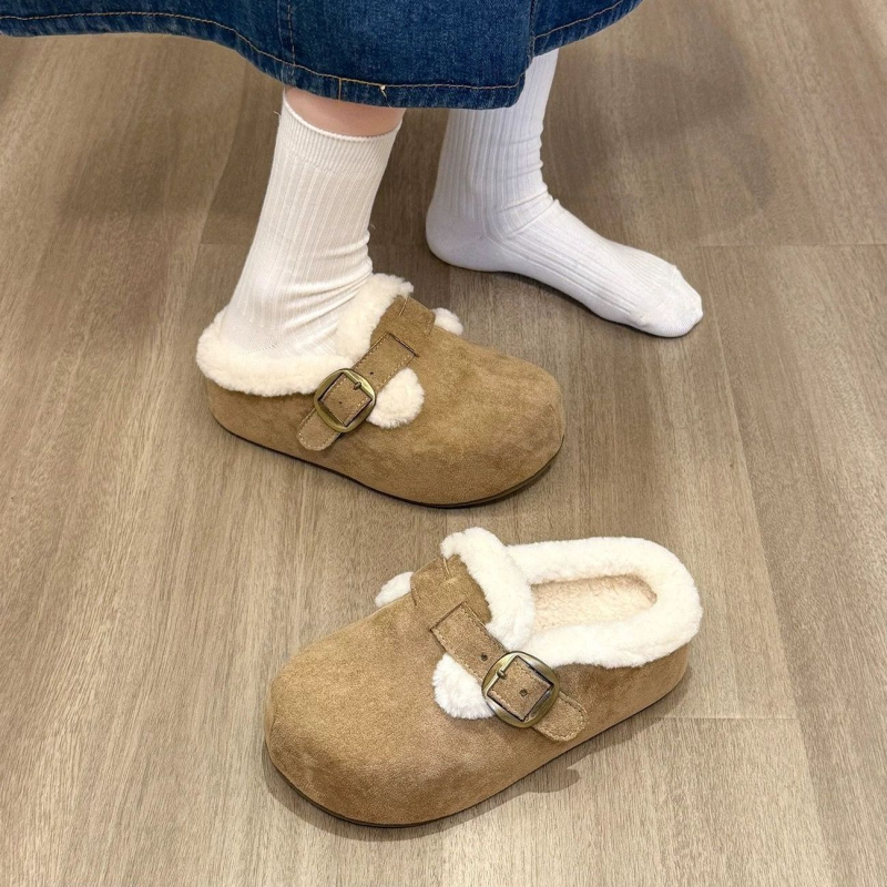 Ženske papuče u Birkenstock stilu sa debelim potplatom, velur gornji dio, kožna unutrašnjost, gumova potplat, protuklizne