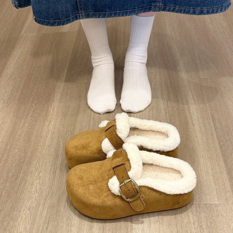 Ženske papuče u Birkenstock stilu sa debelim potplatom, velur gornji dio, kožna unutrašnjost, gumova potplat, protuklizne