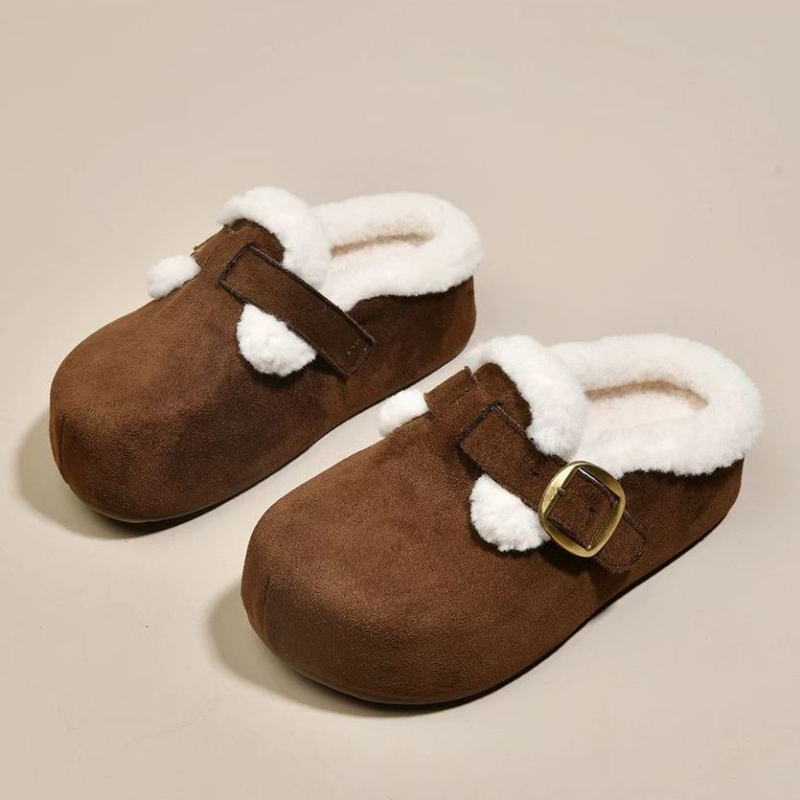 Ženske papuče u Birkenstock stilu sa debelim potplatom, velur gornji dio, kožna unutrašnjost, gumova potplat, protuklizne