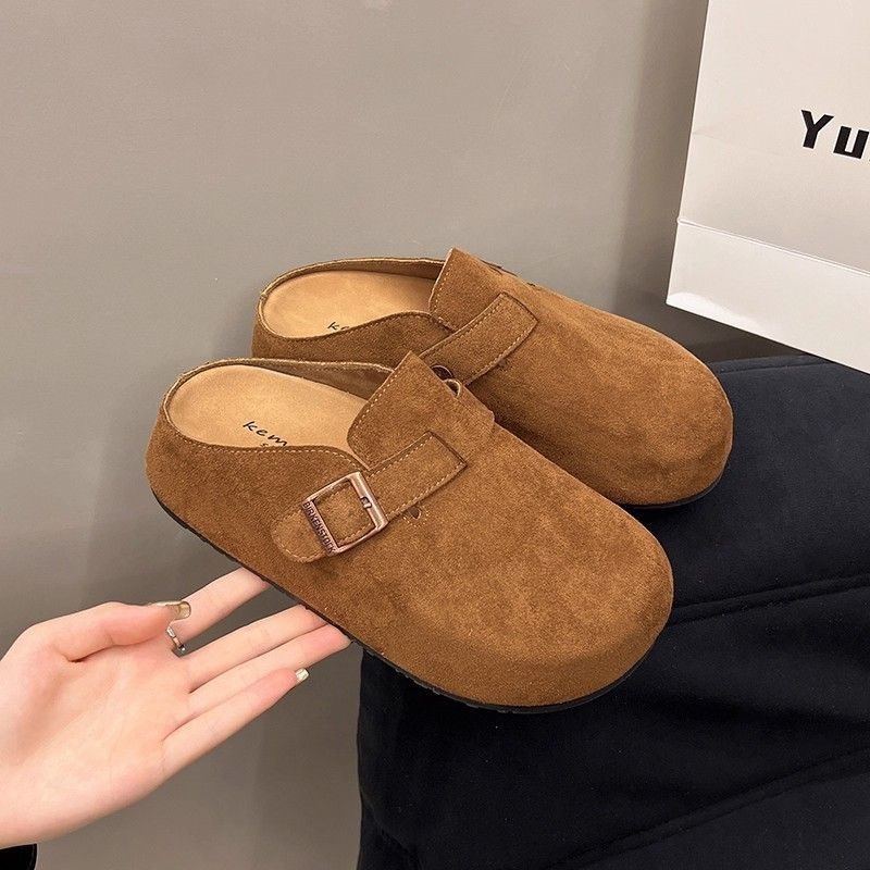 Ženske papuče u Birkenstock stilu sa debelim potplatom, velur gornji dio, kožna unutrašnjost, gumova potplat, protuklizne