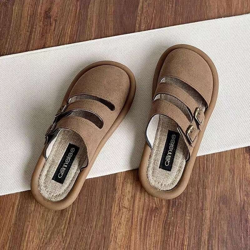 Ženske mule slip-on Toe-Cap i kopča, gornji dio od mikrovlakana, đon od pjene, debljina potplata 11 cm ili više, ravni potplat, protuklizno