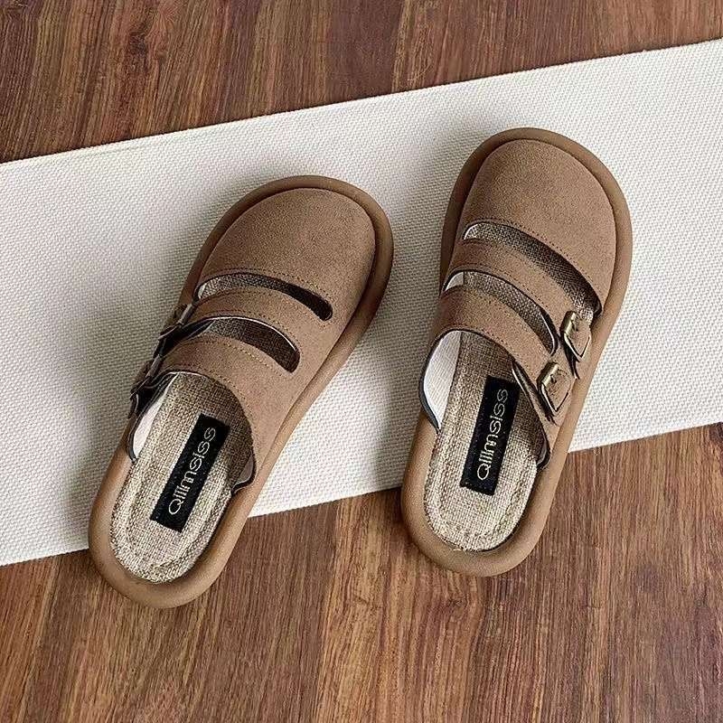 Ženske mule slip-on Toe-Cap i kopča, gornji dio od mikrovlakana, đon od pjene, debljina potplata 11 cm ili više, ravni potplat, protuklizno