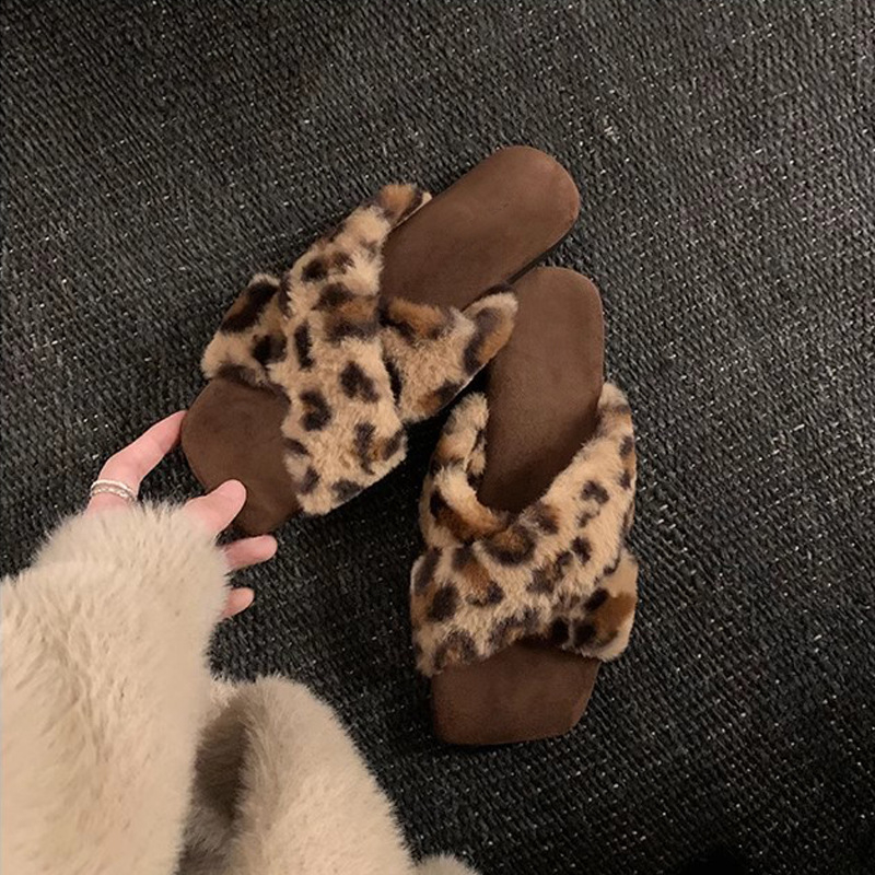 Ženske ravne cipele s leopard uzorkom, kvadratnim vrhom, presjeci trakom, gornji materijal od super vlakana