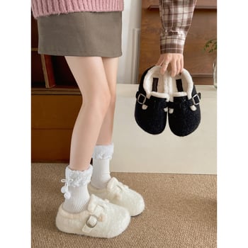 Dámske papuče s kožušinou s protišmykovou hrubou gumovou podrážkou, PU vrchný materiál, podšívka z kožušiny z králika, hrúbka podrážky 0–3 cm, jeseň 2025