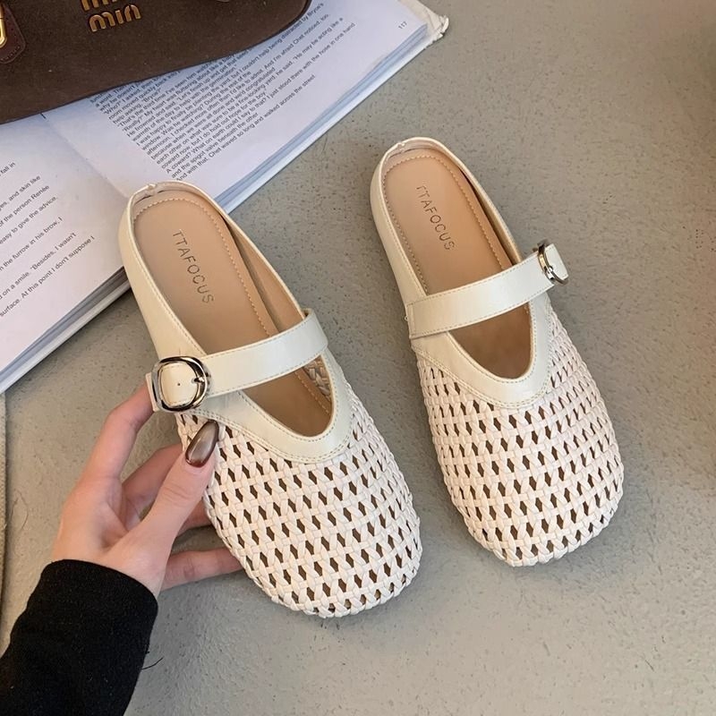 Dámske Mary Jane sandále na leto, francúzsky štýl sieťovinový horný diel a uzavretá špička, PVC horná časť, podrážka guma, priedušné