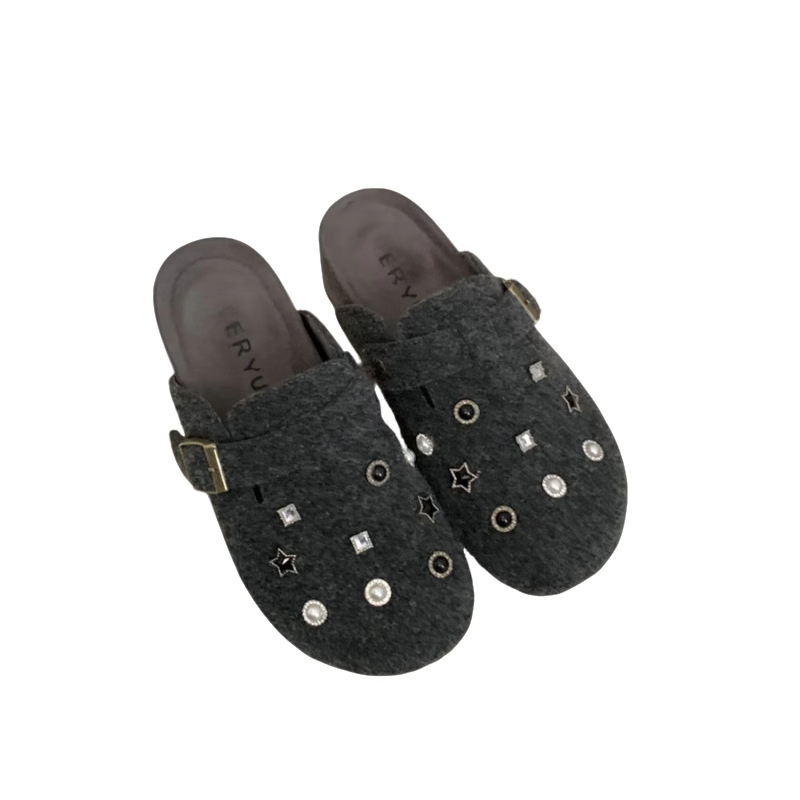 Ženske Birkenstock stil zatvorenih cipela s rivet kristalima, velurski gornji dio, gumena potplat, slip-on, visina 0–3 cm