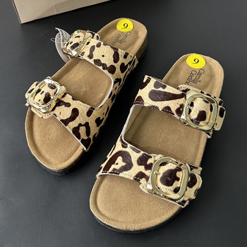 Leopard mintás parafa papucs női mindennapi viselethez, Birkenstock-stílus, felső rész: Horse hair; Cow split leather; talp: EVA; minta Leopard print; belső anyag: Cloth
