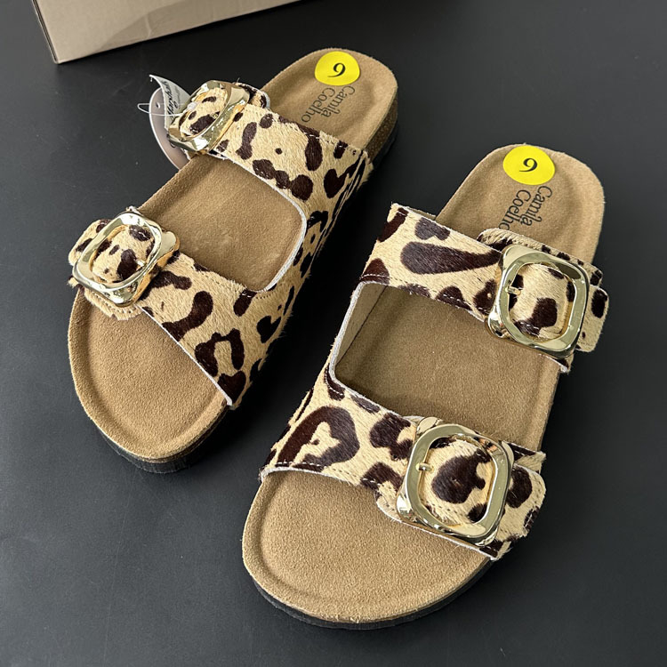 Leopard mintás parafa papucs női mindennapi viselethez, Birkenstock-stílus, felső rész: Horse hair; Cow split leather; talp: EVA; minta Leopard print; belső anyag: Cloth