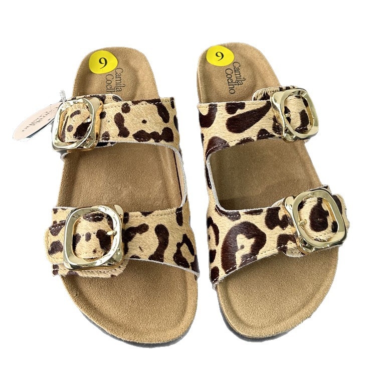 Leopard mintás parafa papucs női mindennapi viselethez, Birkenstock-stílus, felső rész: Horse hair; Cow split leather; talp: EVA; minta Leopard print; belső anyag: Cloth