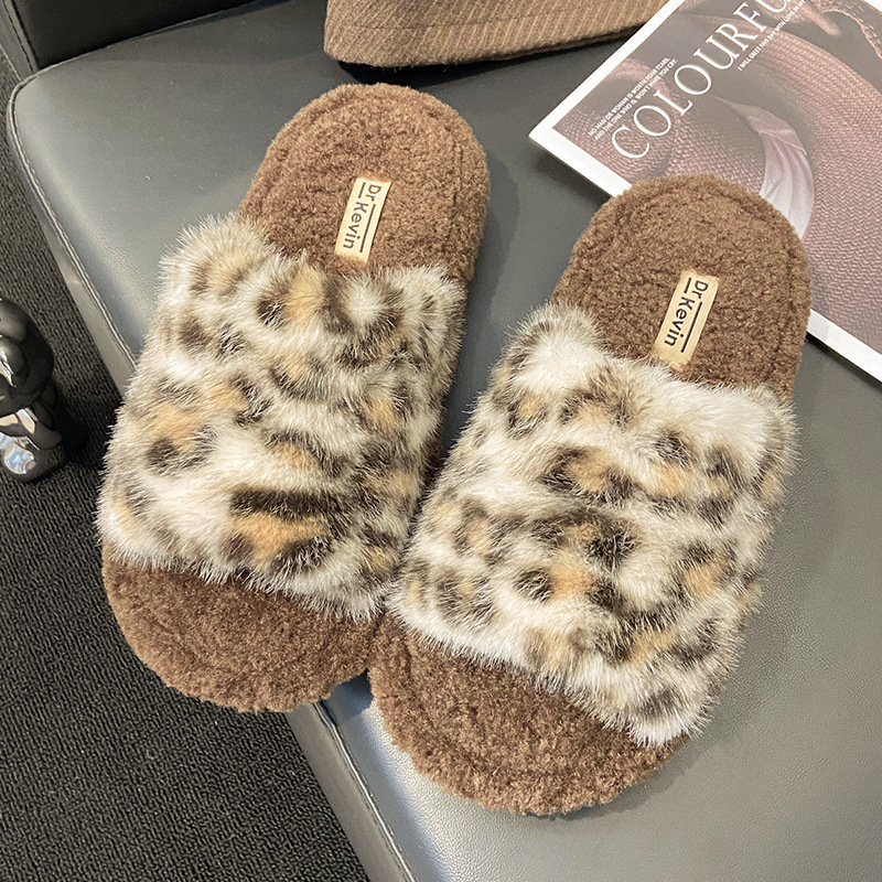 Ženske kućne papuče s leopardim uzorkom, umjetno krzno u unutrašnjosti, EVA protuklizna potplat
