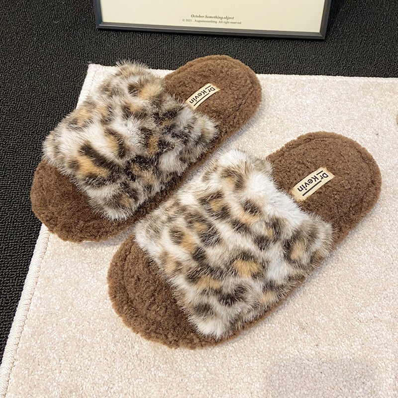 Ženske kućne papuče s leopardim uzorkom, umjetno krzno u unutrašnjosti, EVA protuklizna potplat