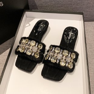 Ženske papuče s rhinestone remenom i otvorenim prstom (Plišan gornji dio, gumena podloga, ravna potplata, zimsko izdanje 2025)