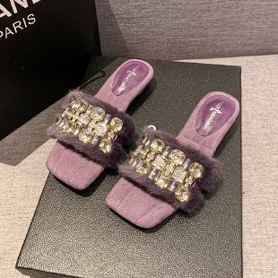 Ženske papuče s rhinestone remenom i otvorenim prstom (Plišan gornji dio, gumena podloga, ravna potplata, zimsko izdanje 2025)