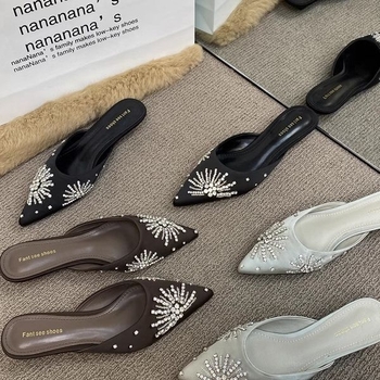 Baotou dámske poltopánky s rhinestones, kórejská verzia, francúzsky špičatý nos, PU vrchná časť, gumová podrážka