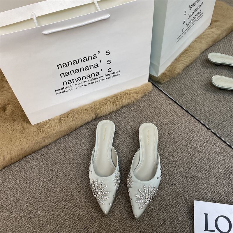 Baotou dámske poltopánky s rhinestones, kórejská verzia, francúzsky špičatý nos, PU vrchná časť, gumová podrážka