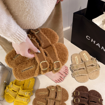 Dámske otvorené prsty topánky, s dvojitými remienkami a kovovou sponou, velúr vršok, podšívka z umelej krátkej kožušinky, gumová podrážka