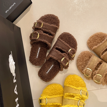 Dámske otvorené prsty topánky, s dvojitými remienkami a kovovou sponou, velúr vršok, podšívka z umelej krátkej kožušinky, gumová podrážka