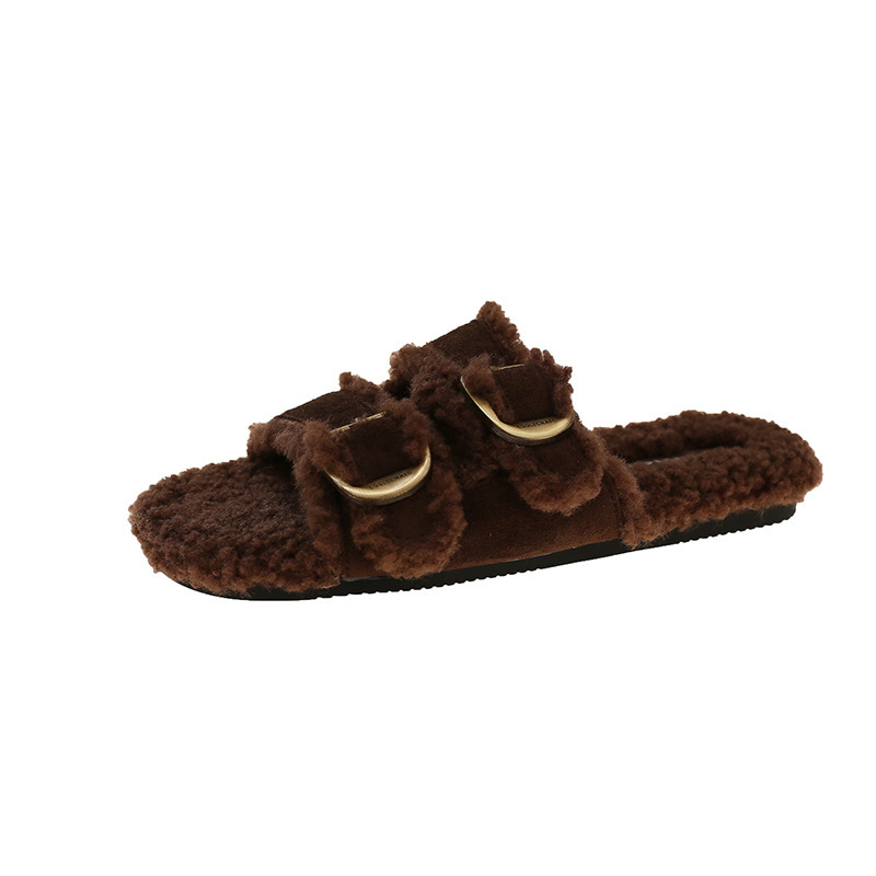 Dámske otvorené prsty topánky, s dvojitými remienkami a kovovou sponou, velúr vršok, podšívka z umelej krátkej kožušinky, gumová podrážka