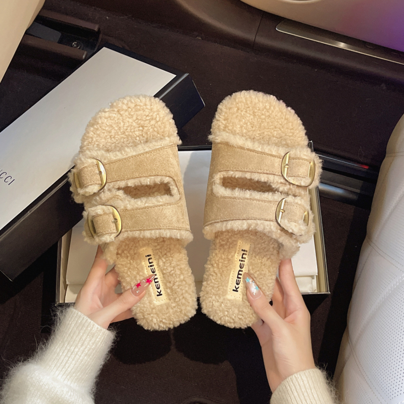 Dámske otvorené prsty topánky, s dvojitými remienkami a kovovou sponou, velúr vršok, podšívka z umelej krátkej kožušinky, gumová podrážka