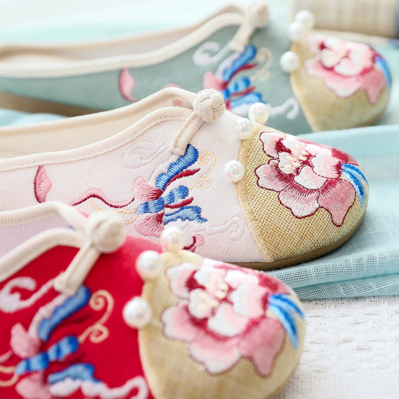 Papuče s ravnim dnom, retro stil, platneni gornji dio, TPR potplat, cvjetni uzorak