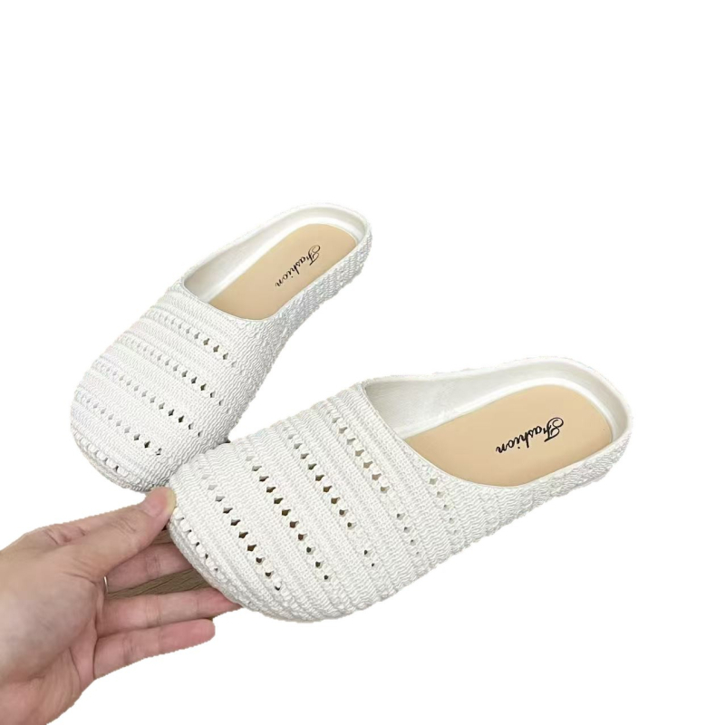 Ženske slip-on ravne papuče s pletenim gornjim dijelom; PVC gornji dio; PVC potplat; debljina potplata 0–3 cm