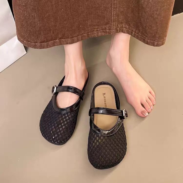 Ženske mrežaste papuče s prozračnim dizajnom – Slip-On, gumeni đon, jednofarebne, ravni potplat