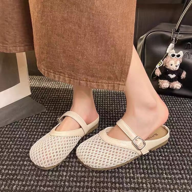 Ženske mrežaste papuče s prozračnim dizajnom – Slip-On, gumeni đon, jednofarebne, ravni potplat