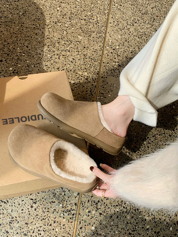 Ženske papuče od prave kože s umetnim krznom, debela gumena potplata (3–5 cm), slip-on, za svakodnevno zimsko nošenje
