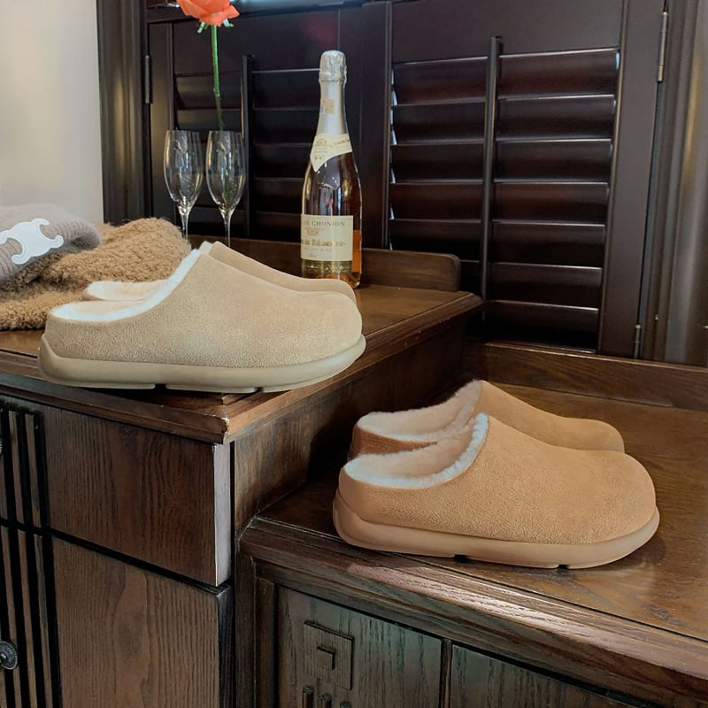 Ženske papuče od prave kože s umetnim krznom, debela gumena potplata (3–5 cm), slip-on, za svakodnevno zimsko nošenje