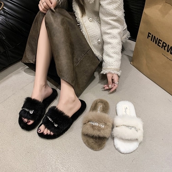 Ženske papuče s rhinestones i plišom – slip-on, gornji dio od umjetnog pliša, PU potplat, plosna potplata, debljina potplata 0–3 cm