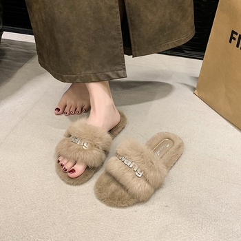 Ženske papuče s rhinestones i plišom – slip-on, gornji dio od umjetnog pliša, PU potplat, plosna potplata, debljina potplata 0–3 cm
