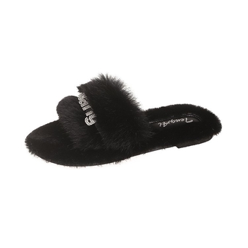 Ženske papuče s rhinestones i plišom – slip-on, gornji dio od umjetnog pliša, PU potplat, plosna potplata, debljina potplata 0–3 cm