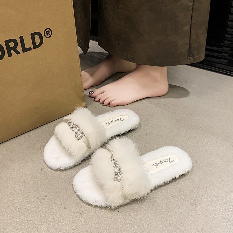 Ženske papuče s rhinestones i plišom – slip-on, gornji dio od umjetnog pliša, PU potplat, plosna potplata, debljina potplata 0–3 cm