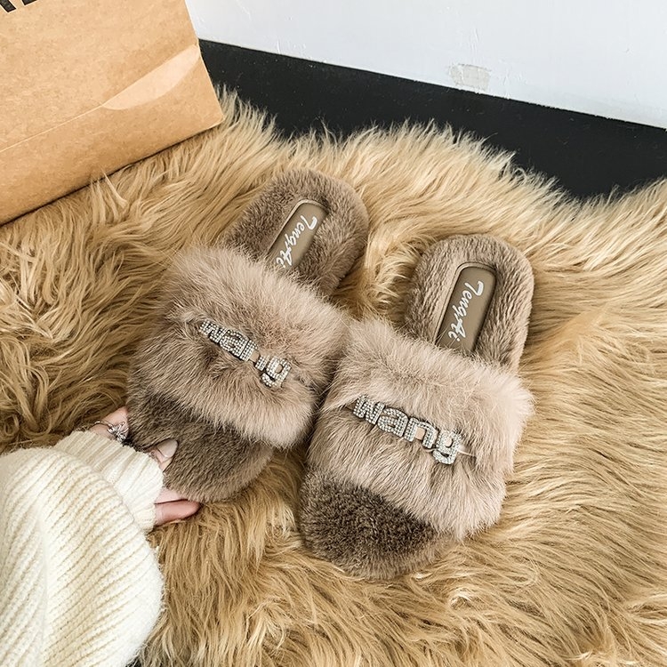 Ženske papuče s rhinestones i plišom – slip-on, gornji dio od umjetnog pliša, PU potplat, plosna potplata, debljina potplata 0–3 cm