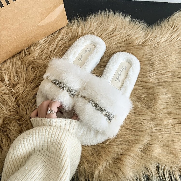 Ženske papuče s rhinestones i plišom – slip-on, gornji dio od umjetnog pliša, PU potplat, plosna potplata, debljina potplata 0–3 cm