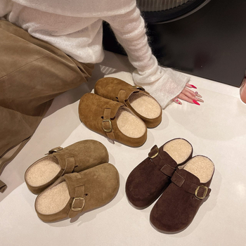 Ženske Slip-On papuče Cork Toe, gornji dio od umjetnog pliša, unutrašnjost od suedea, potplat od plastike, debljina potplata 0–3 cm, plosnata peta – jesen 2025