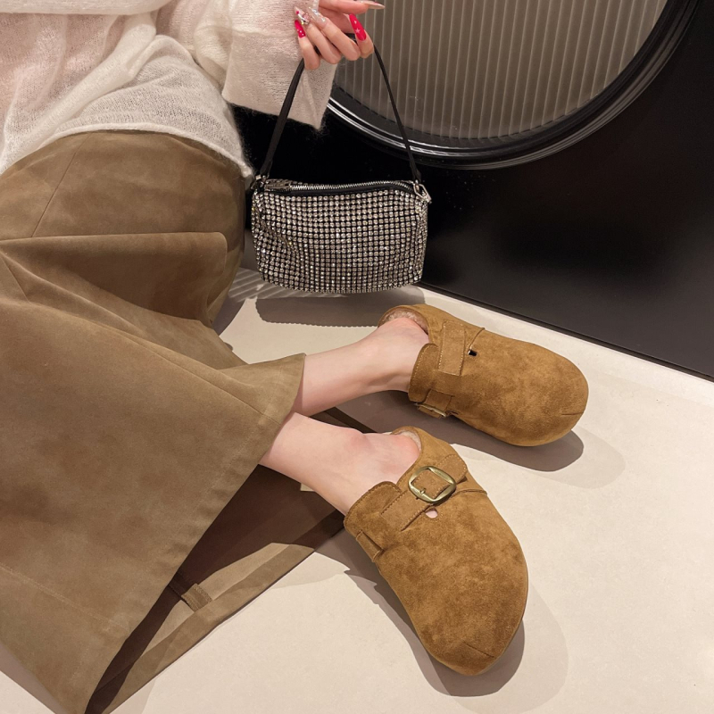 Ženske Slip-On papuče Cork Toe, gornji dio od umjetnog pliša, unutrašnjost od suedea, potplat od plastike, debljina potplata 0–3 cm, plosnata peta – jesen 2025