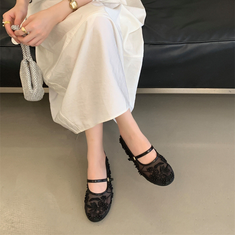Balerinke s kineskim stilom, izšiven ukras, mrežasti gornji dio, niski potpetica, kopča s jednom trakom