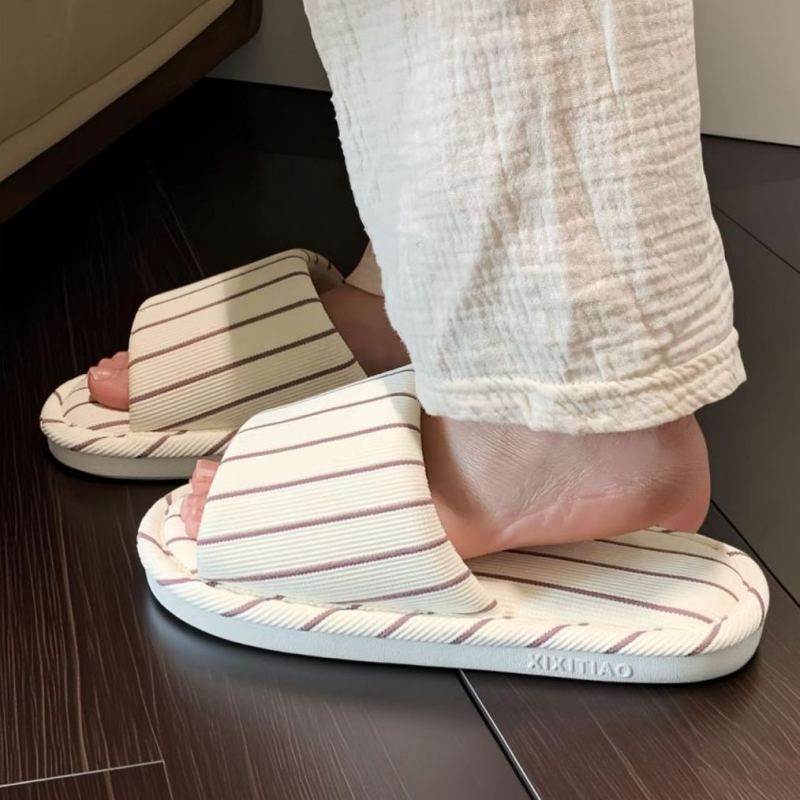 Ženske kućne papuče s prugama od pamuka i lana, protuklizna potplata, mekana podloga, za sva godišnja doba, casual