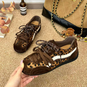 Ženske tenisice s leopard printom, retro stil, unutarnje povećanje visine od 4 cm, mrežasti gornji dio, gumeni đon, vezice sprijeda