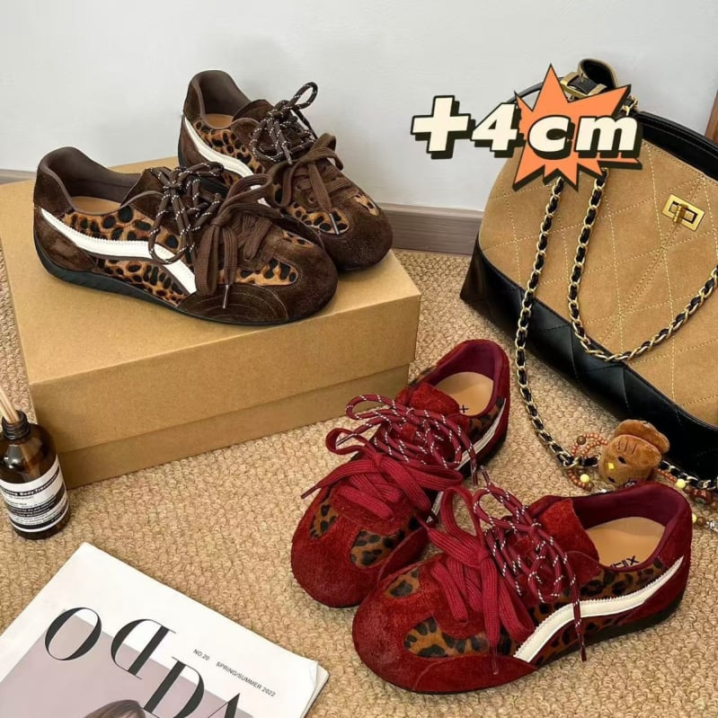 Ženske tenisice s leopard printom, retro stil, unutarnje povećanje visine od 4 cm, mrežasti gornji dio, gumeni đon, vezice sprijeda
