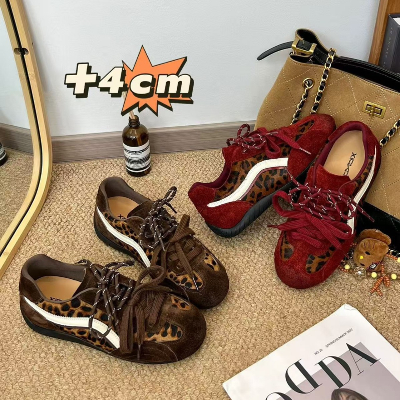 Ženske tenisice s leopard printom, retro stil, unutarnje povećanje visine od 4 cm, mrežasti gornji dio, gumeni đon, vezice sprijeda