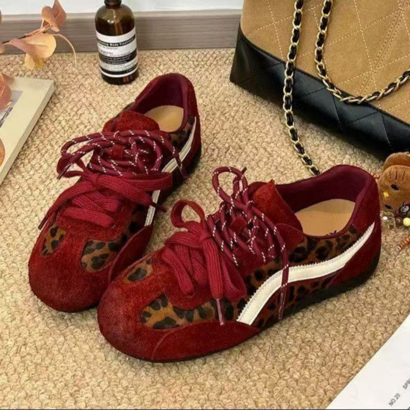Ženske tenisice s leopard printom, retro stil, unutarnje povećanje visine od 4 cm, mrežasti gornji dio, gumeni đon, vezice sprijeda