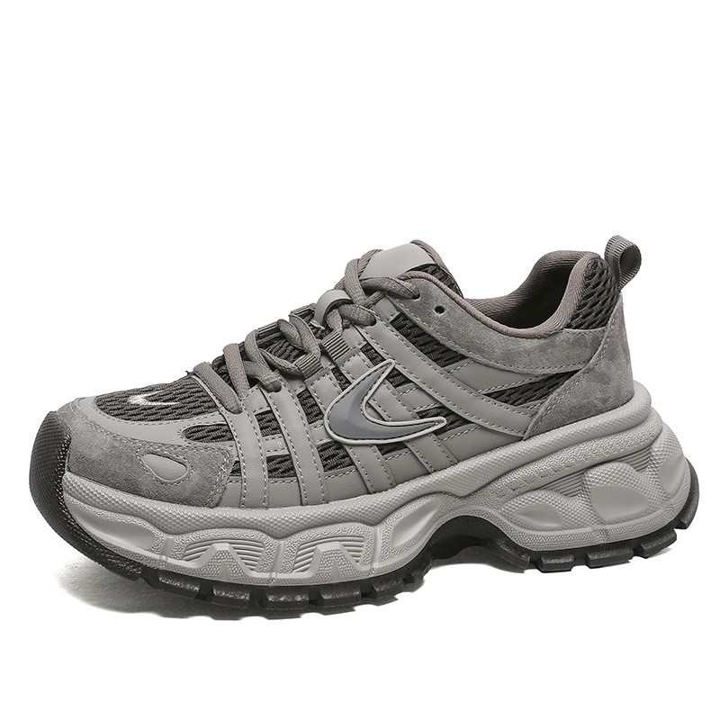 Ženske tenisice s debelom potplatom u stilu dad shoes, kožni gornji dio, okrugli vrh, prednje vezanje, prozračna mrežasta podstava