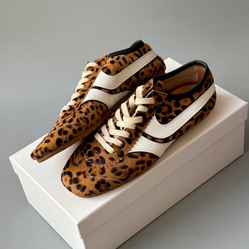 Ženske tenisice za trening s leopard printom, retro stil, niski gornji dio, prednje vezivanje, gumeni potplat