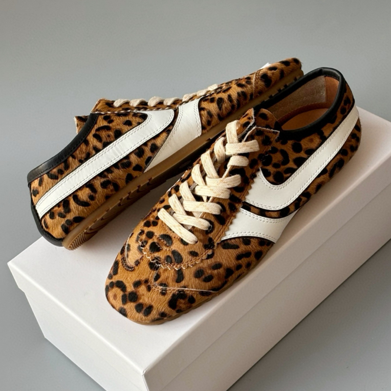 Ženske tenisice za trening s leopard printom, retro stil, niski gornji dio, prednje vezivanje, gumeni potplat