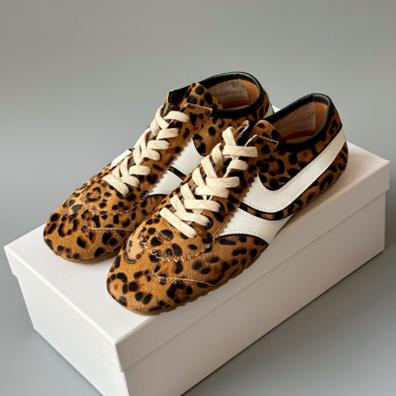 Ženske tenisice za trening s leopard printom, retro stil, niski gornji dio, prednje vezivanje, gumeni potplat