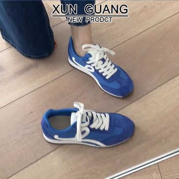 Dámske tenisky z pravej kože s dizajnom farebného bloku, šnúrky, guľatý špička, gumová podrážka