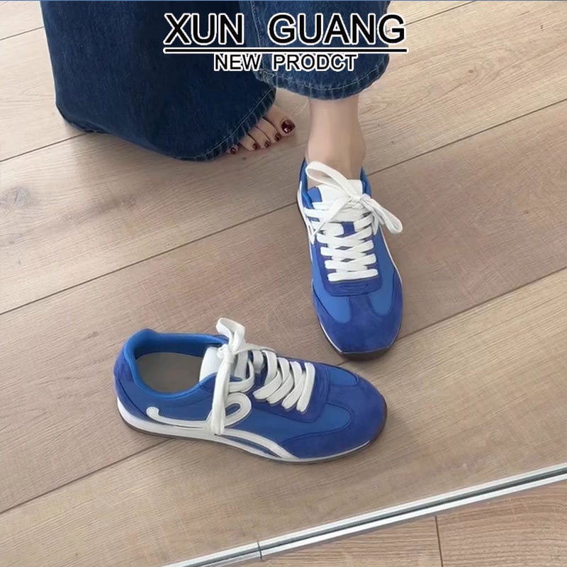 Dámske tenisky z pravej kože s dizajnom farebného bloku, šnúrky, guľatý špička, gumová podrážka